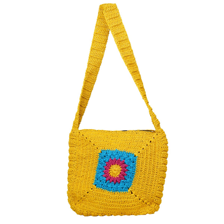 Chrysanthemum Quad Sling Bag | Hand-Crochet | Cotton Yarn | Mustard Yellow