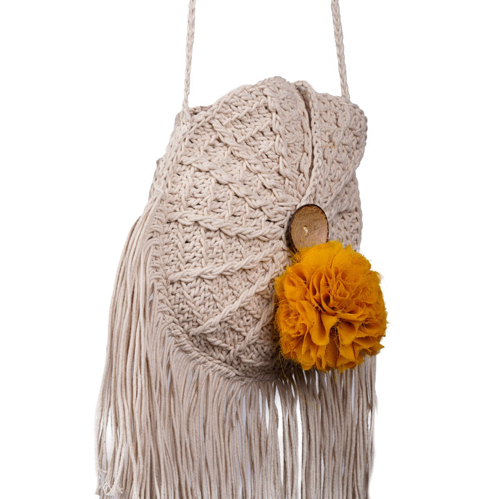 Dreamcatcher Mini Sling Bag | Hand-Crochet | Cotton | Off White & Yellow