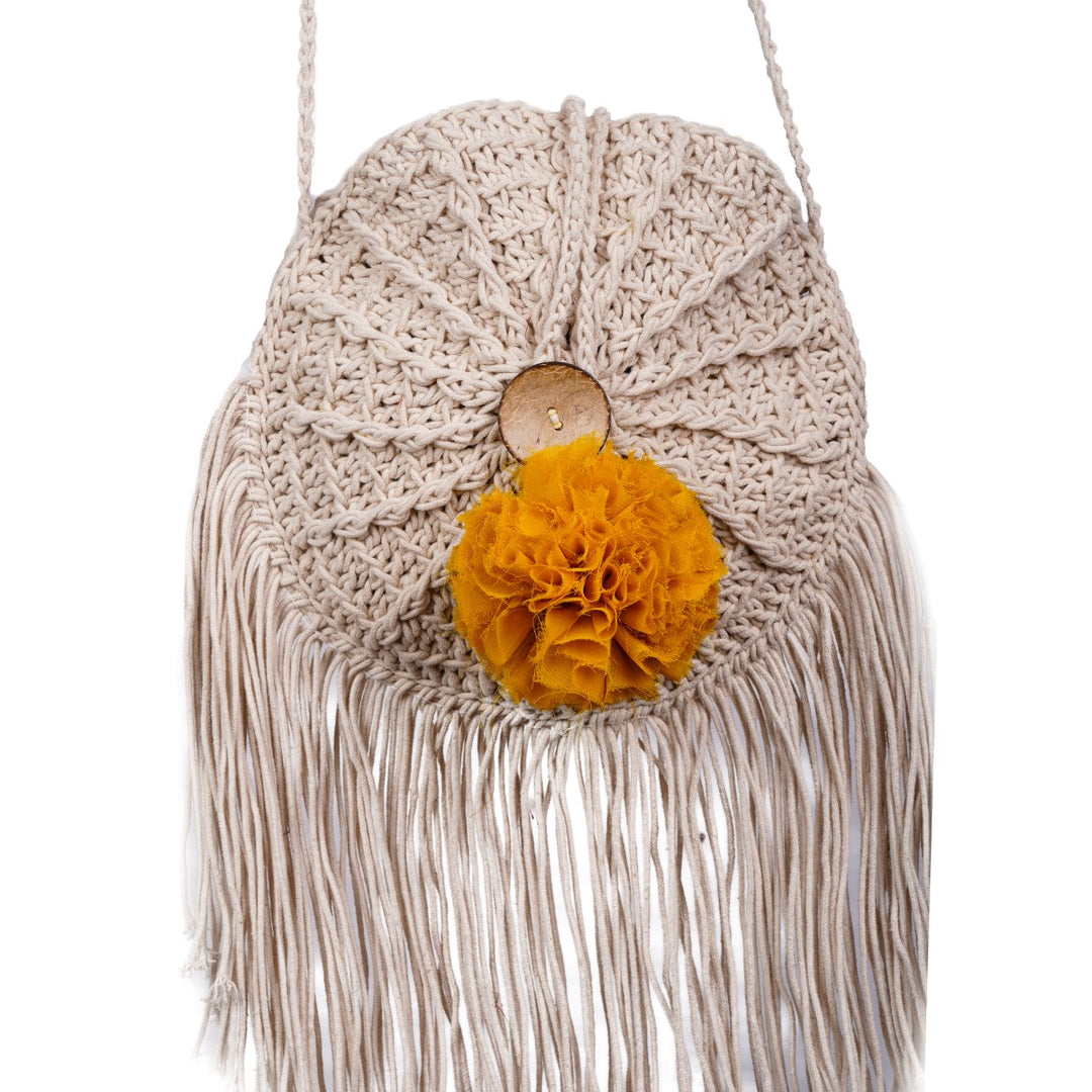 Dreamcatcher Mini Sling Bag | Hand-Crochet | Cotton | Off White & Yellow