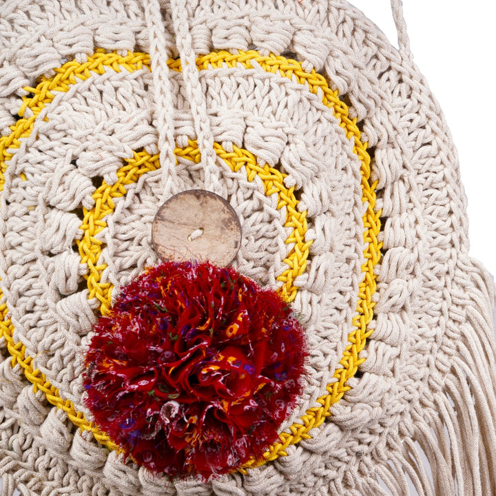 Dreamcatcher Mini Sling Bag | Hand-Crochet | Cotton | Off White & Red