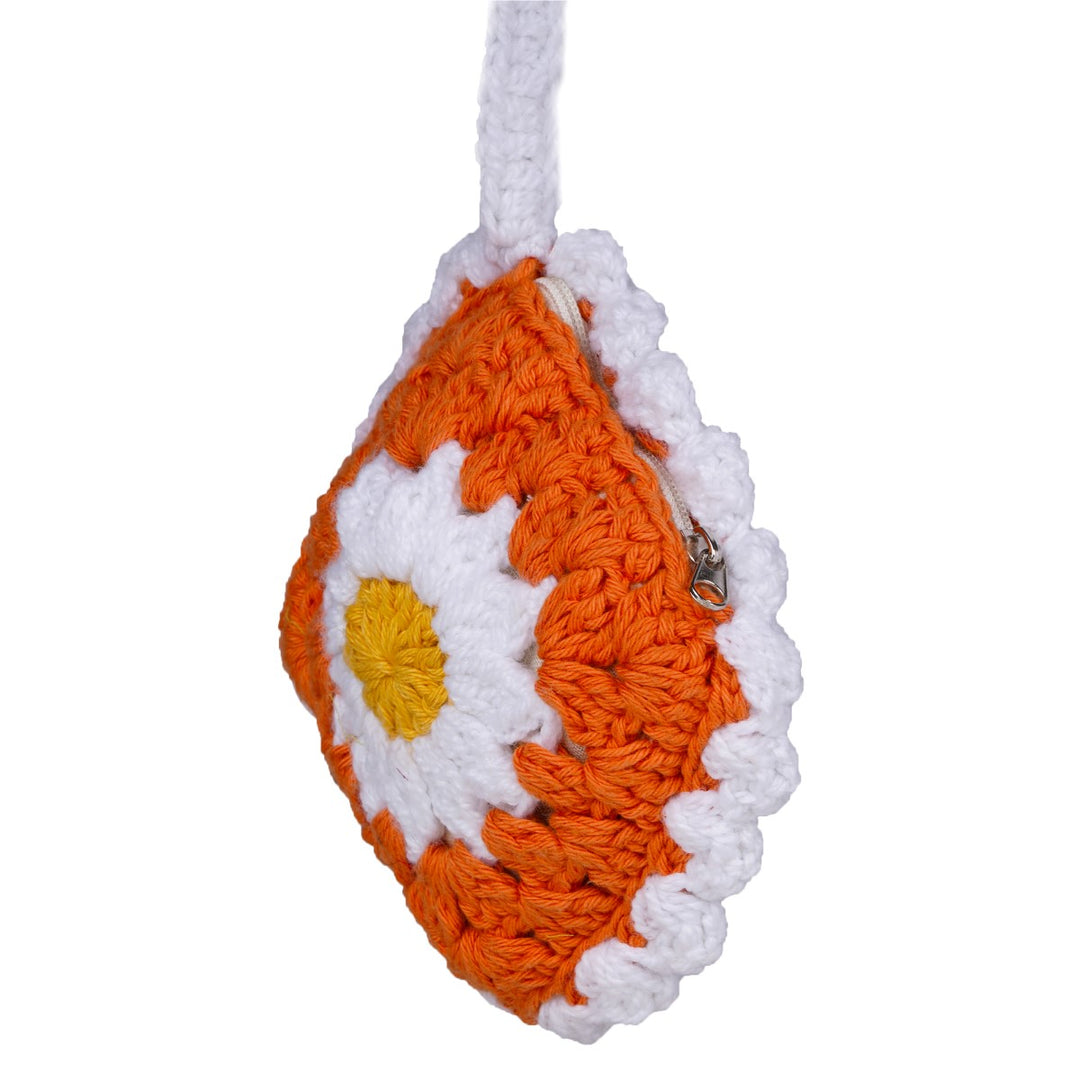 Orange  Wristlet Bag | Hand-Crochet | Cotton Yarn | Rust & Off-White