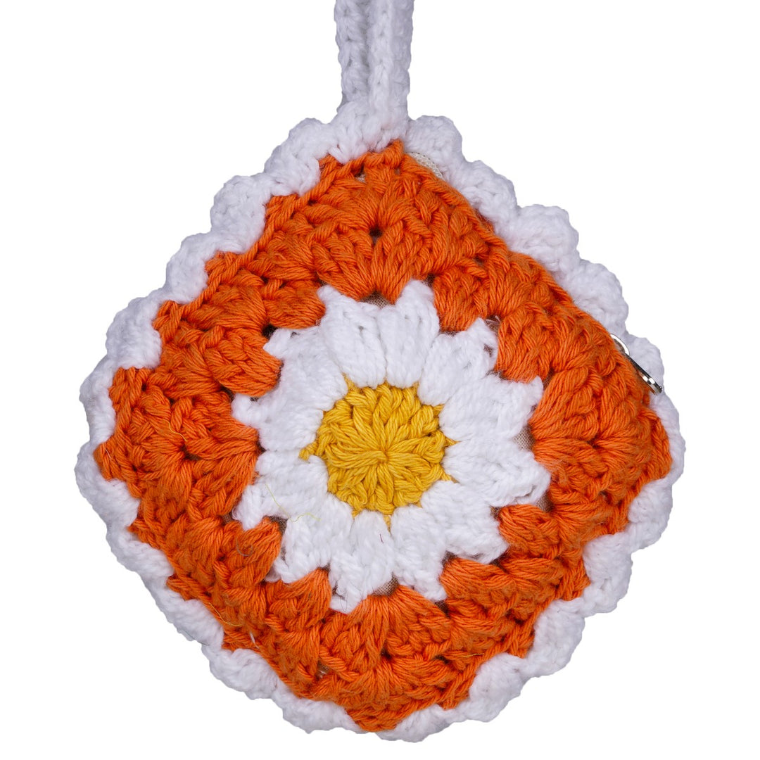 Orange  Wristlet Bag | Hand-Crochet | Cotton Yarn | Rust & Off-White