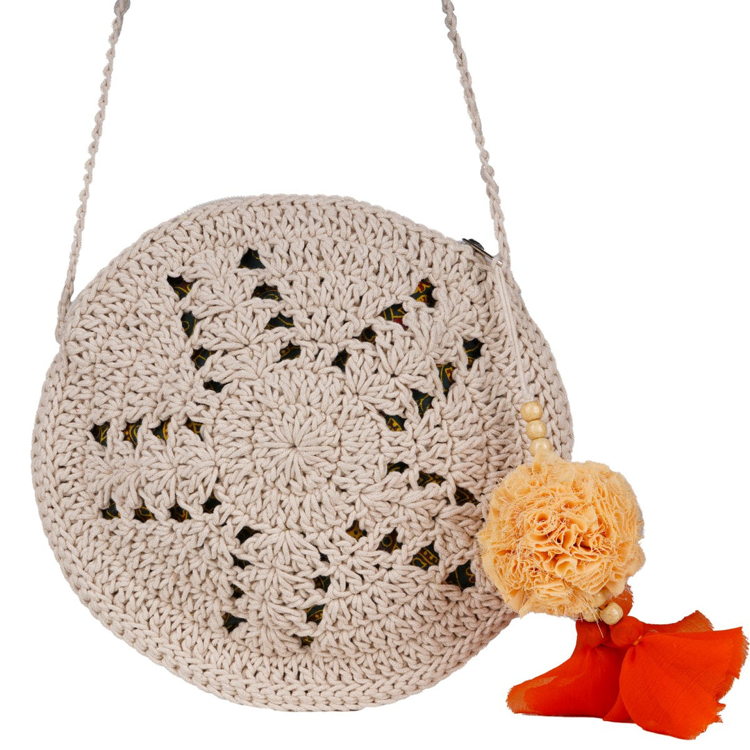 Round Designer Mini Sling Bag | Hand-Crochet | Cotton Yarn | Off White