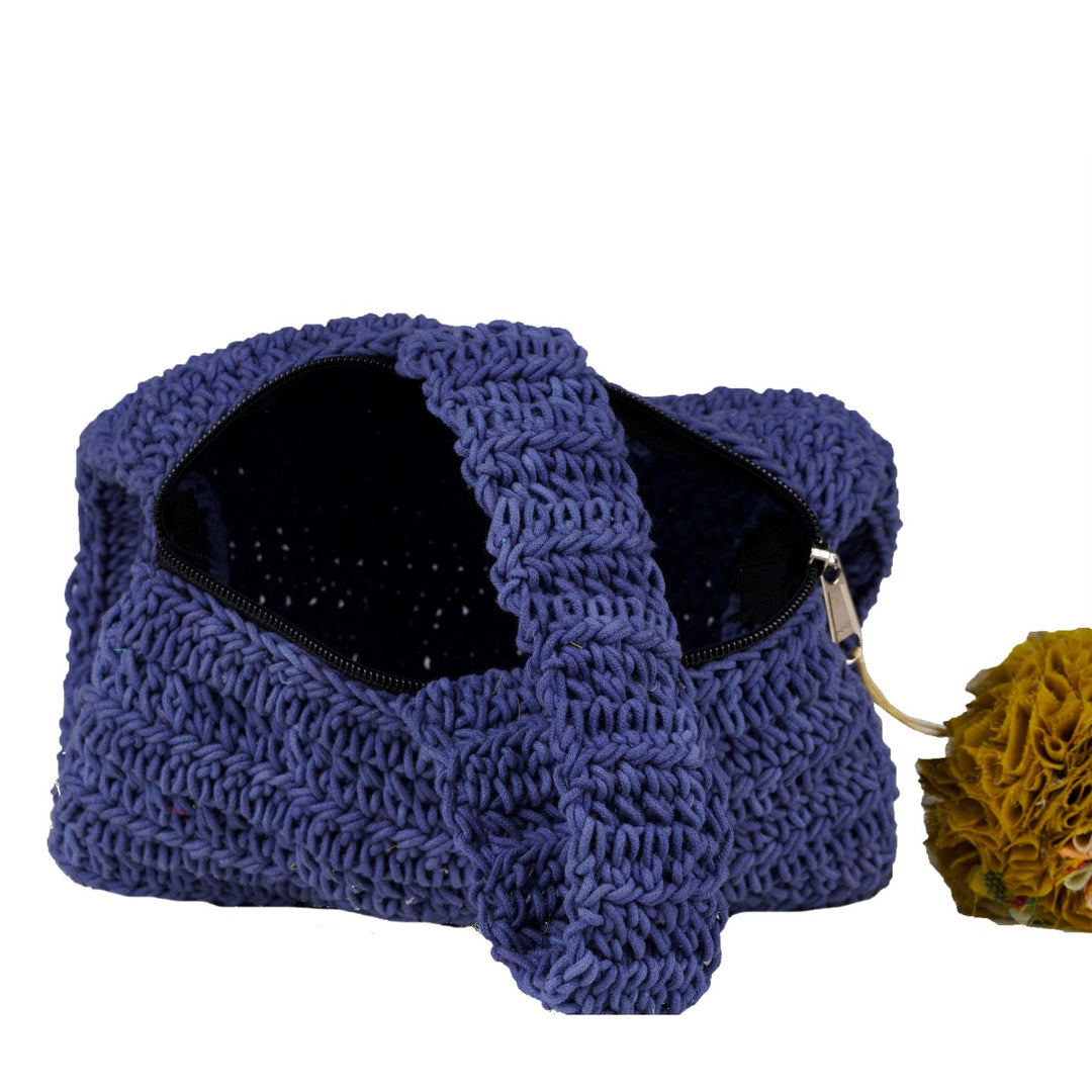 Blue Wrist  Bag | Hand-Crafted & Crochet | Cotton | Navy Blue