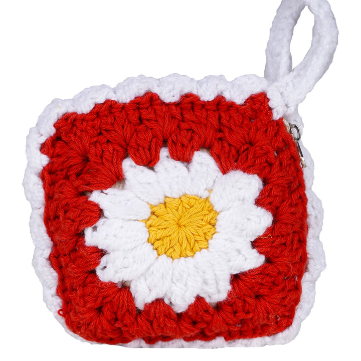 Daisy Wristlet Bag | Hand-Crafted & Crochet | Cotton Yarn | Crimson