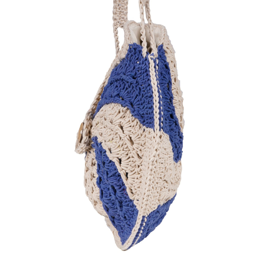 Wheel Mini Sling Bag | Hand-Crochet | Cotton | Off White & Blue