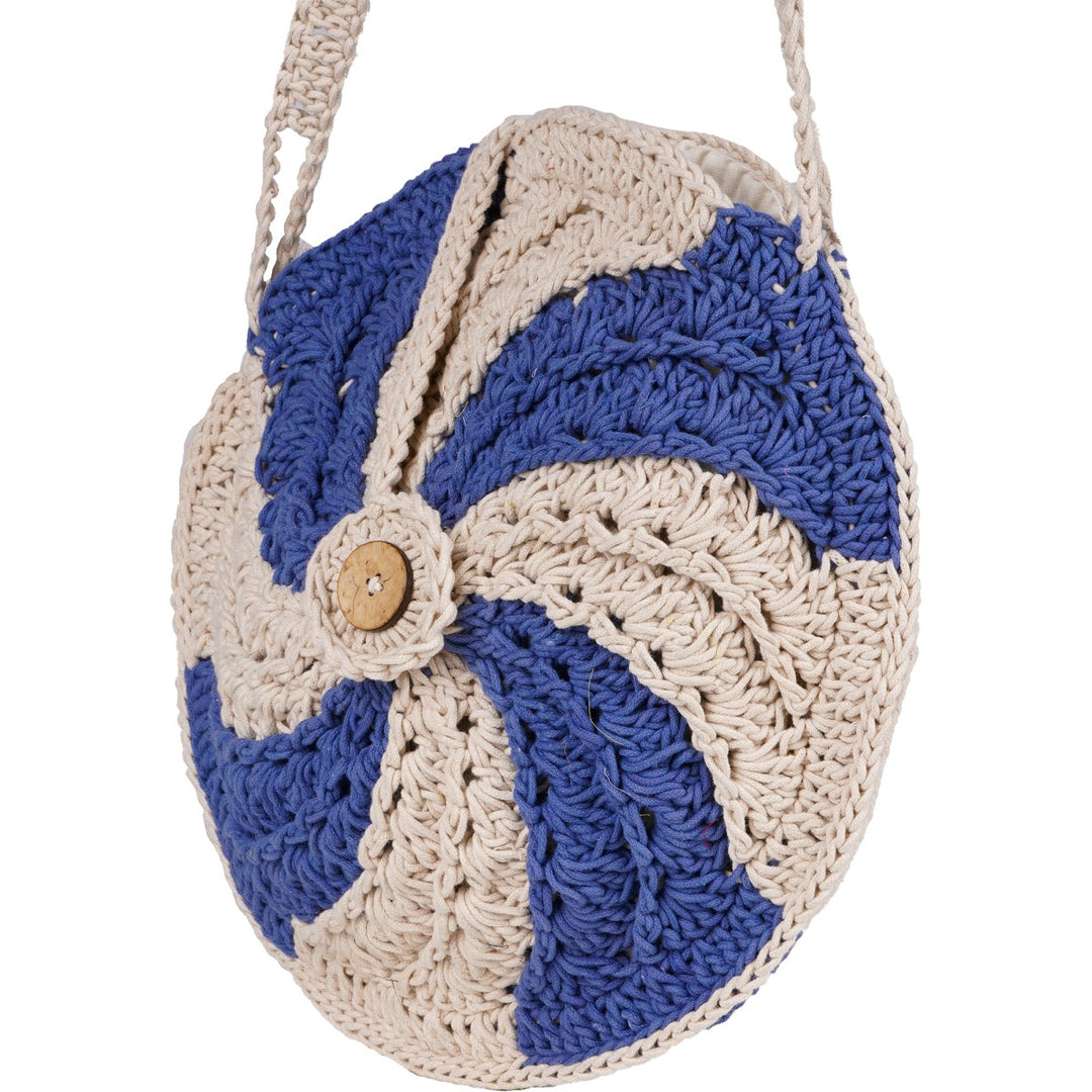 Wheel Mini Sling Bag | Hand-Crochet | Cotton | Off White & Blue