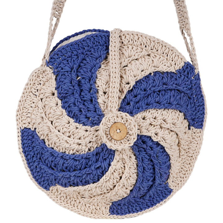 Wheel Mini Sling Bag | Hand-Crochet | Cotton | Off White & Blue