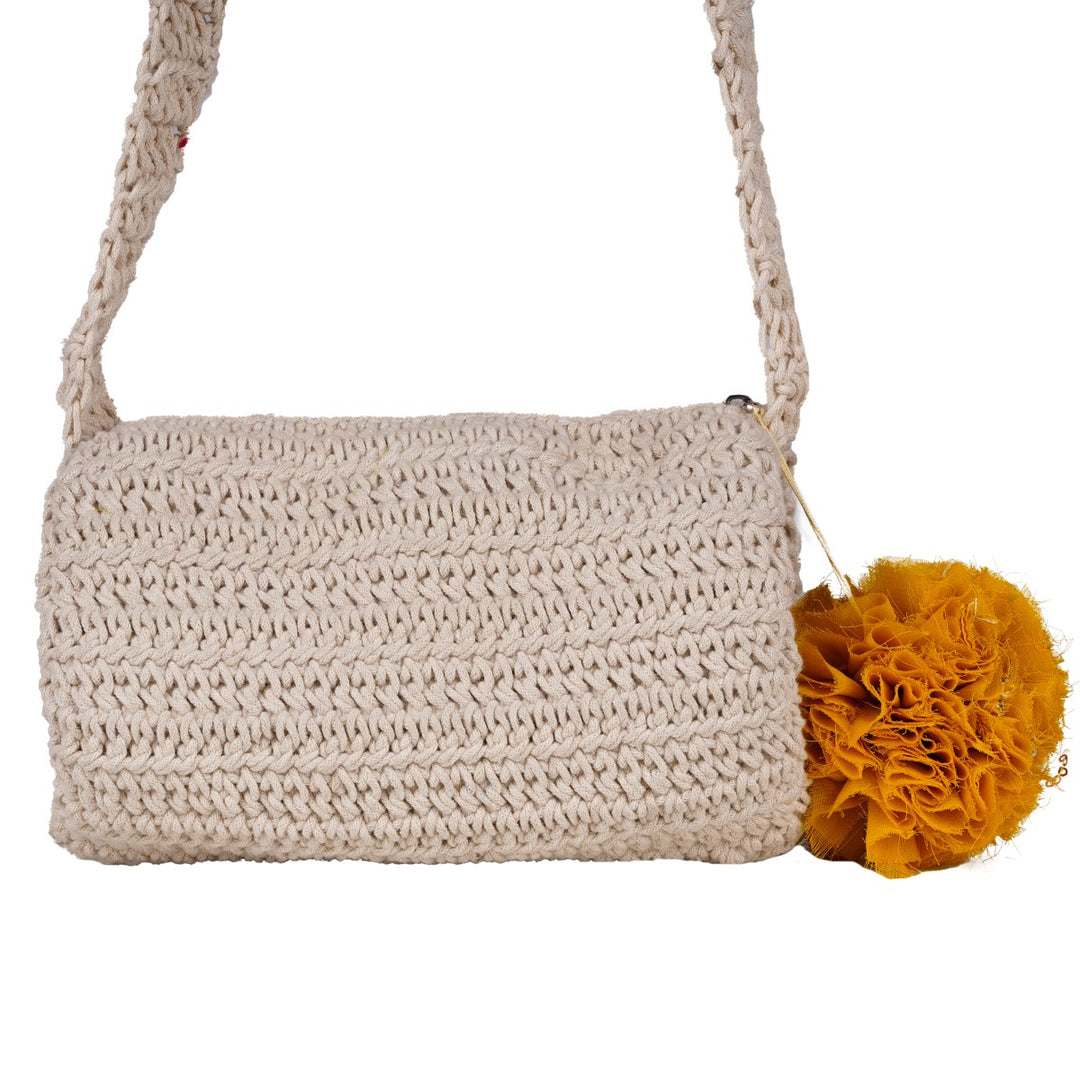 Women Duffel Sling Bag | Hand-Crochet | Cotton Yarn | Off White