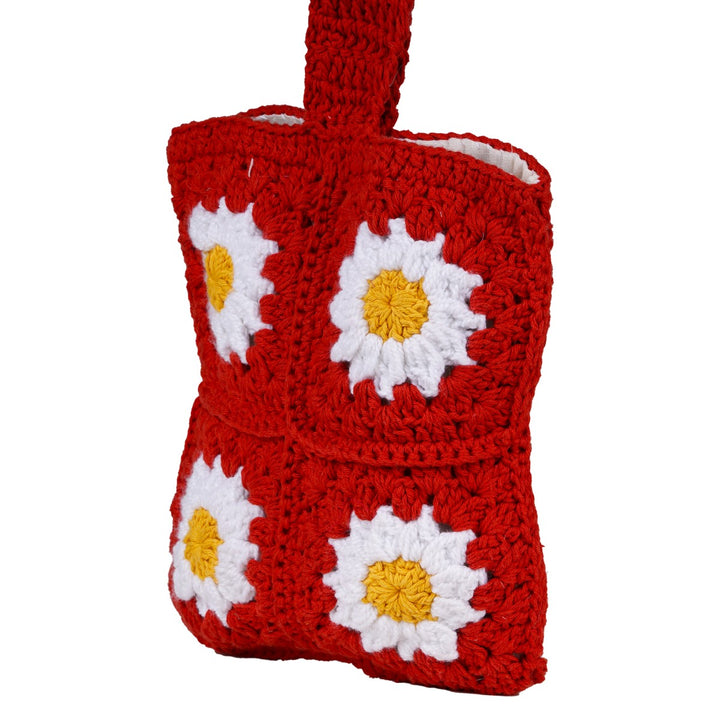 Square Wristlet  Bag | Hand-Crochet | Cotton Yarn | Crimson Red