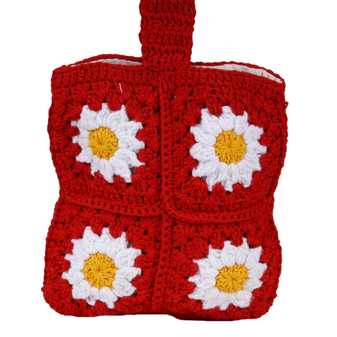 Square Wristlet  Bag | Hand-Crochet | Cotton Yarn | Crimson Red