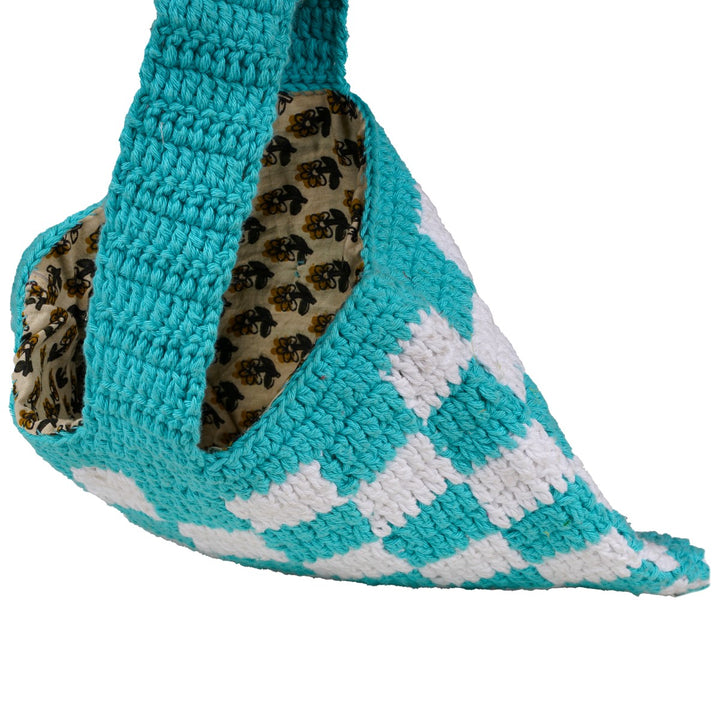 Square Wristlet Hand Bag | Hand-Crochet | Cotton Yarn | Off-White & Turquoise