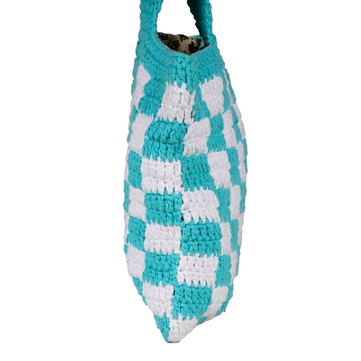 Square Wristlet Hand Bag | Hand-Crochet | Cotton Yarn | Off-White & Turquoise