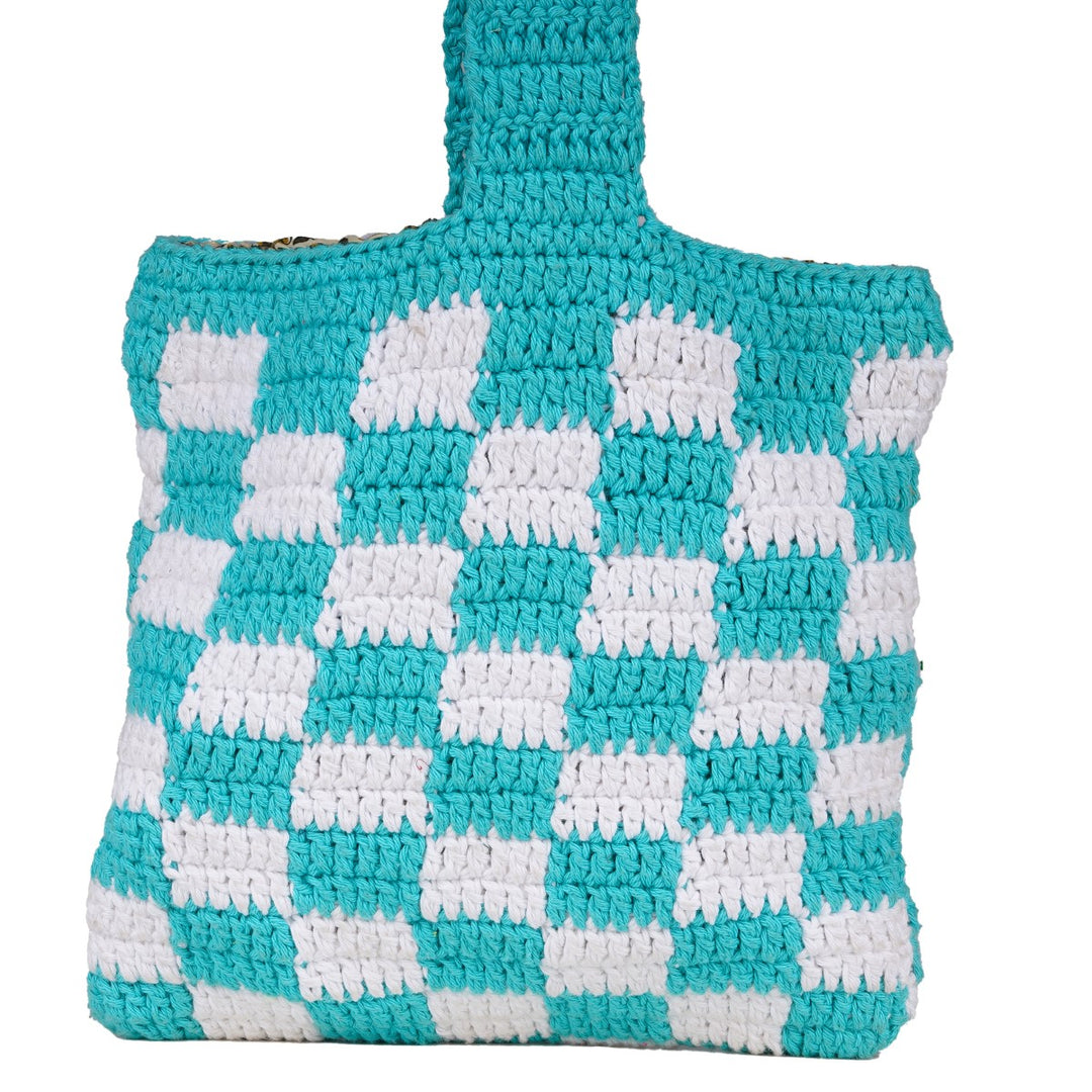 Square Wristlet Hand Bag | Hand-Crochet | Cotton Yarn | Off-White & Turquoise