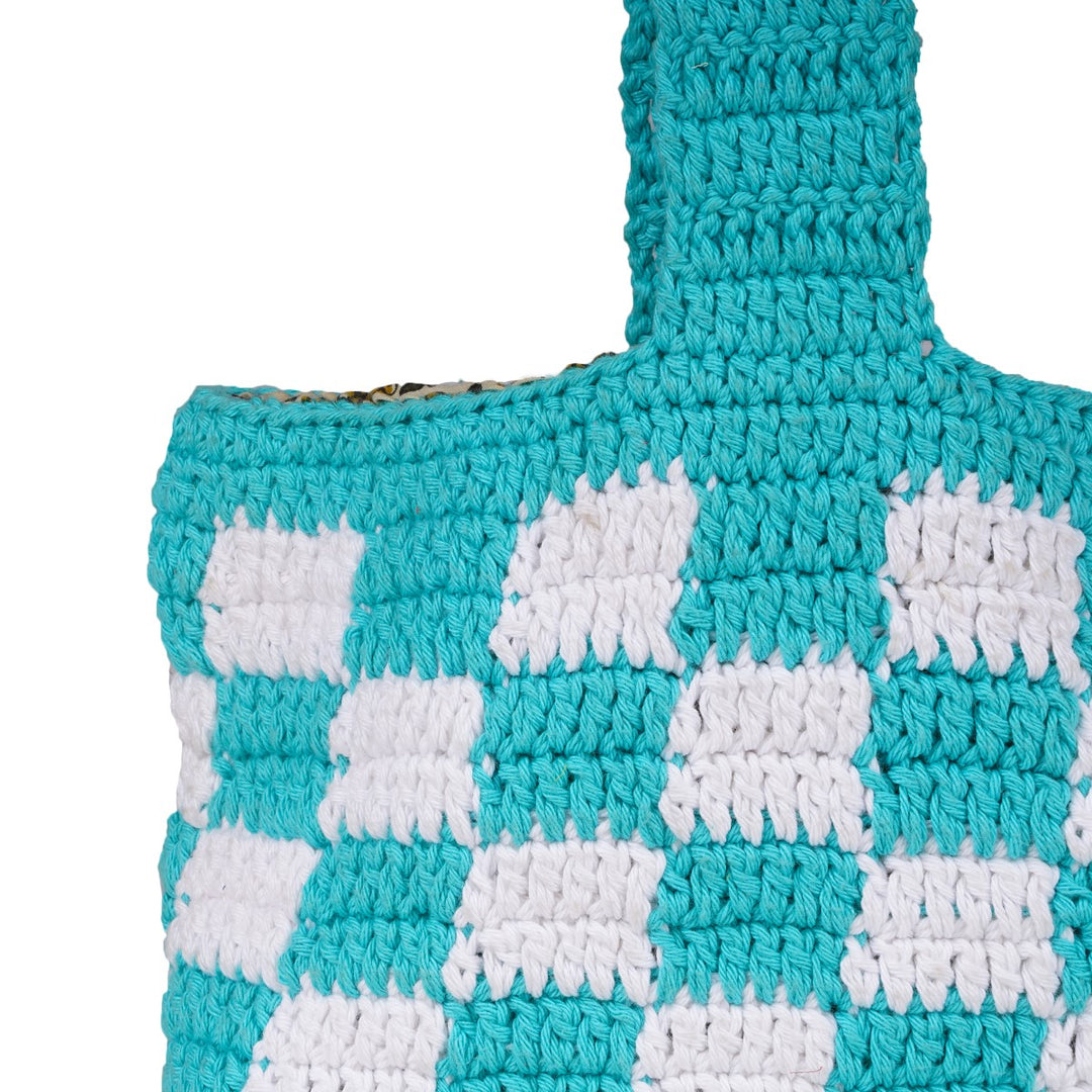 Square Wristlet Hand Bag | Hand-Crochet | Cotton Yarn | Off-White & Turquoise