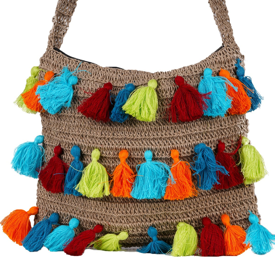 Multi Tassel Hand Bag | Hand-Crafted & Crochet | Jute Yarn | 
 Brown