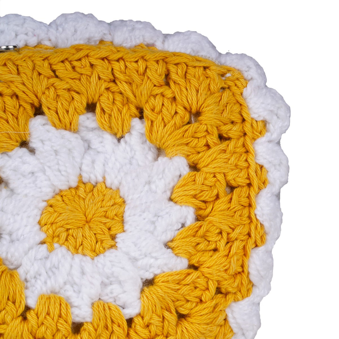 Daisy Wristlet Bag | Hand-Crochet | Cotton | White & Mustard