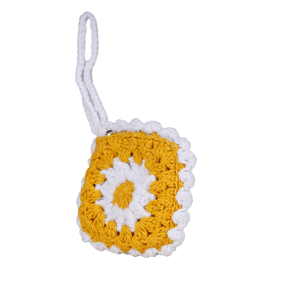 Daisy Wristlet Bag | Hand-Crochet | Cotton | White & Mustard