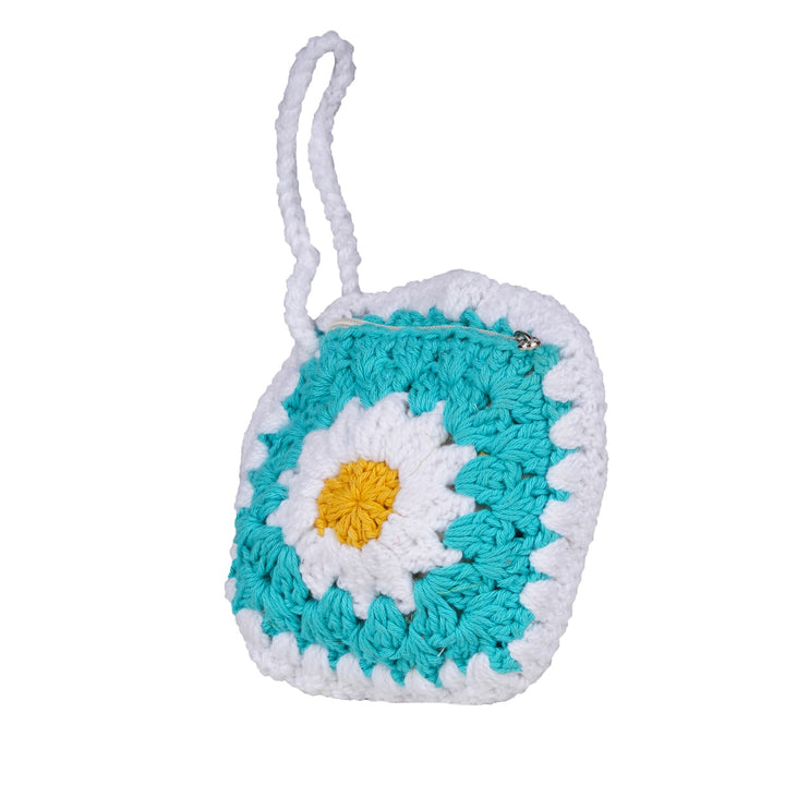 Daisy Wristlet Pouch Bag | Hand-Crochet | Cotton | White & Blue