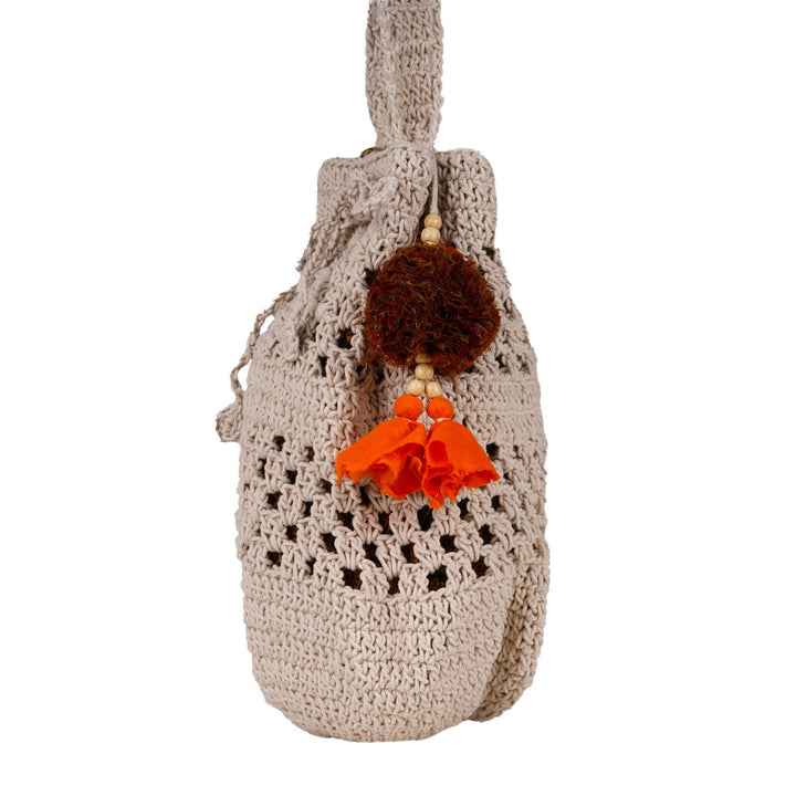 Long Potli Bag | Hand-Crafted & Crochet | Cotton Yarn | Off White