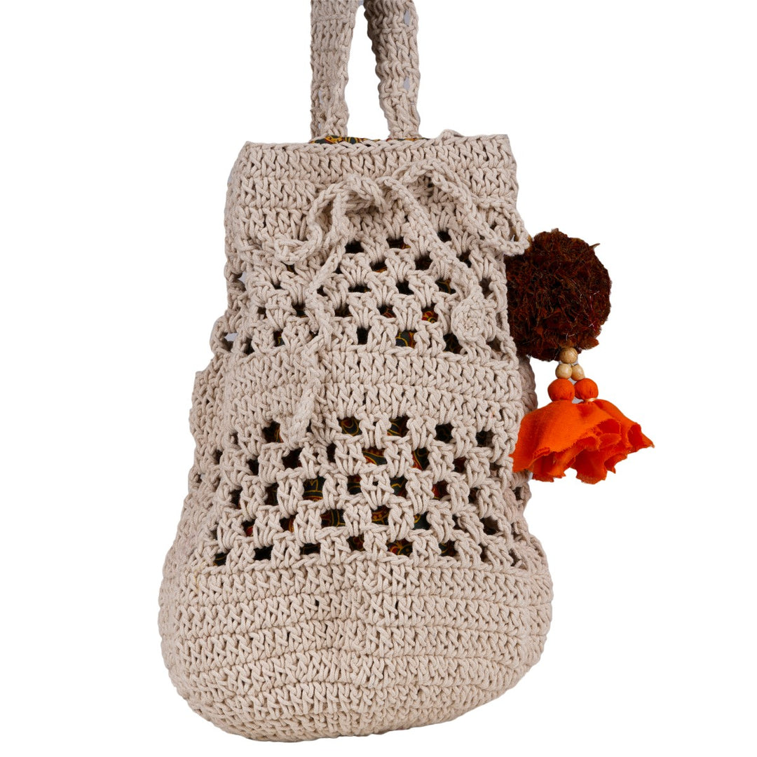 Long Potli Bag | Hand-Crafted & Crochet | Cotton Yarn | Off White