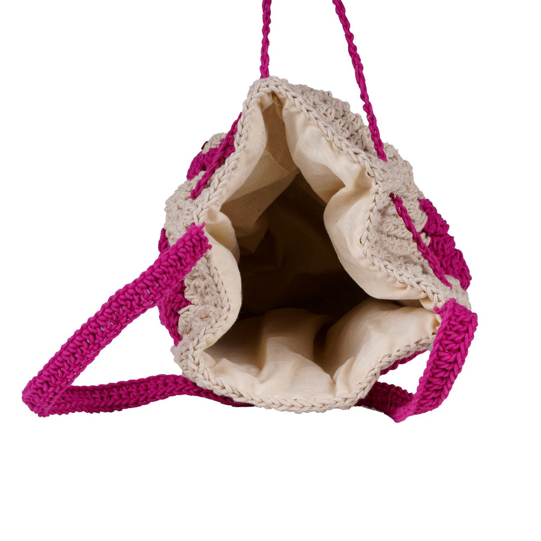 Floral Potli Bag | Hand-Crochet | Cotton Yarn | Off-White & Magenta Pink