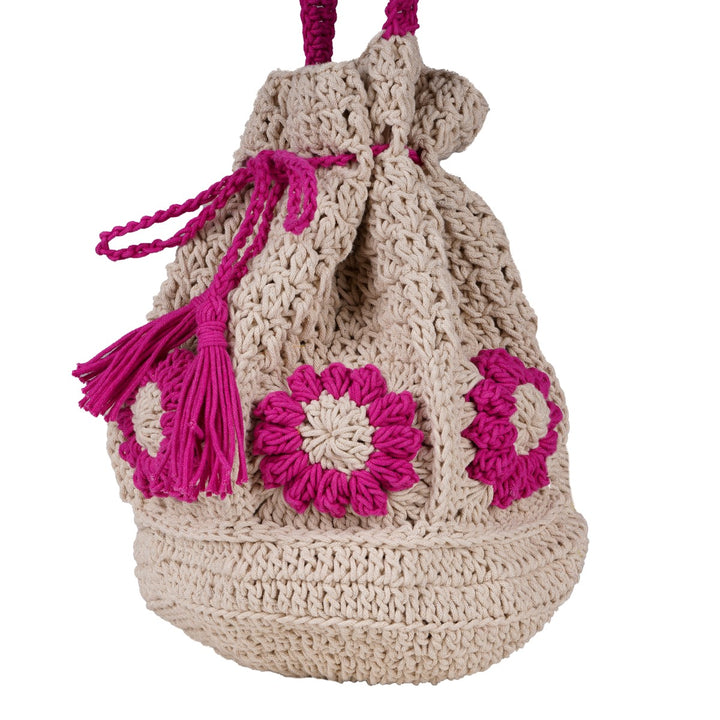 Floral Potli Bag | Hand-Crochet | Cotton Yarn | Off-White & Magenta Pink