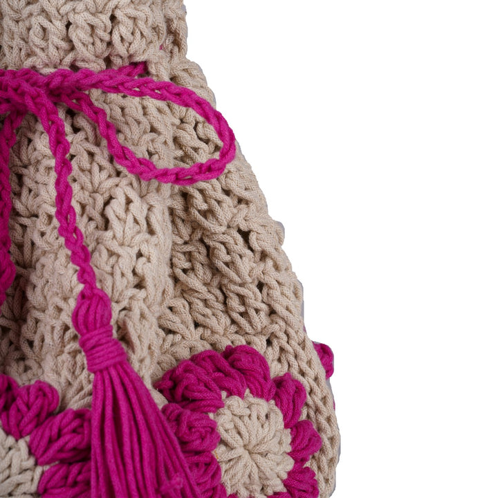 Floral Potli Bag | Hand-Crochet | Cotton Yarn | Off-White & Magenta Pink