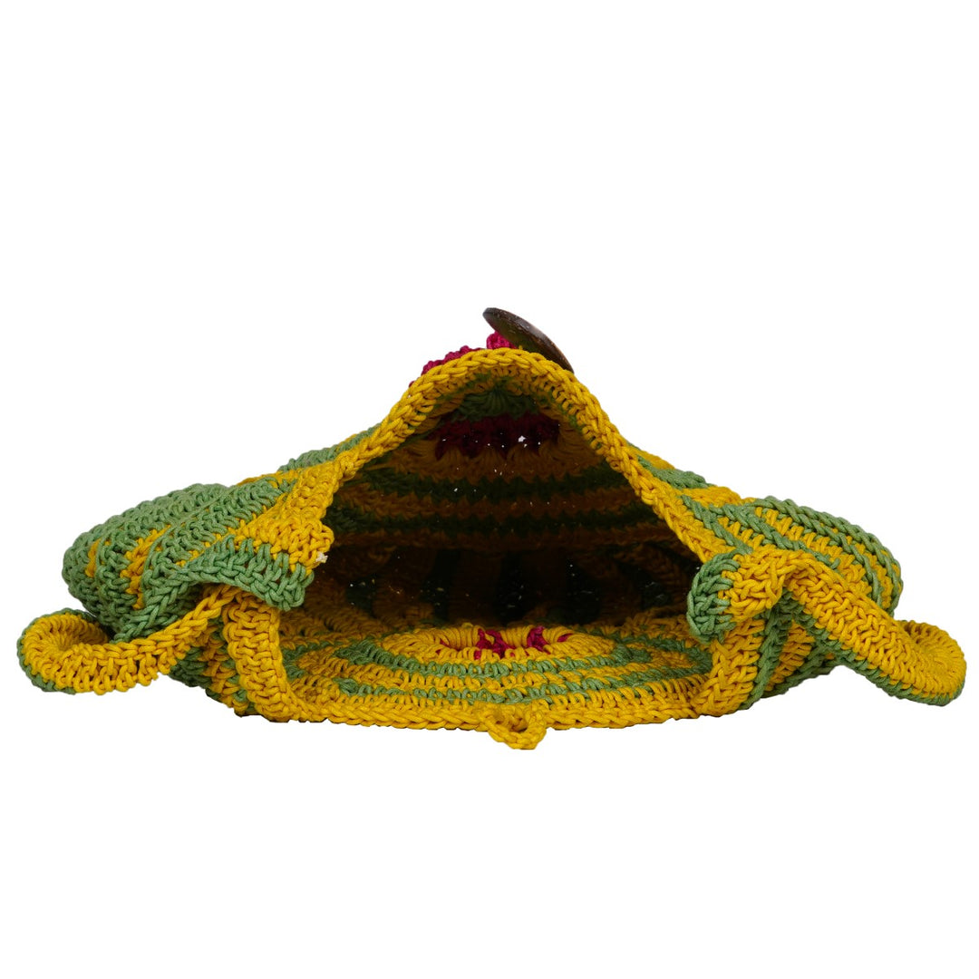 Floral Round Mini Sling Bag | Hand-Crochet | Cotton Yarn | Mustard & Fern Green