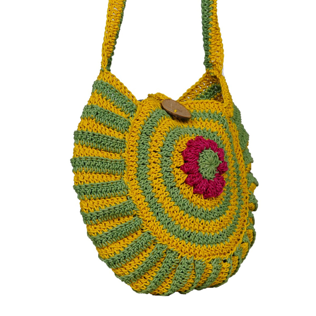 Floral Round Mini Sling Bag | Hand-Crochet | Cotton Yarn | Mustard & Fern Green