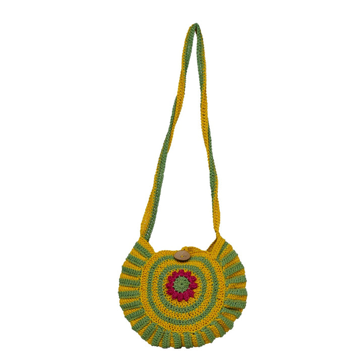 Floral Round Mini Sling Bag | Hand-Crochet | Cotton Yarn | Mustard & Fern Green