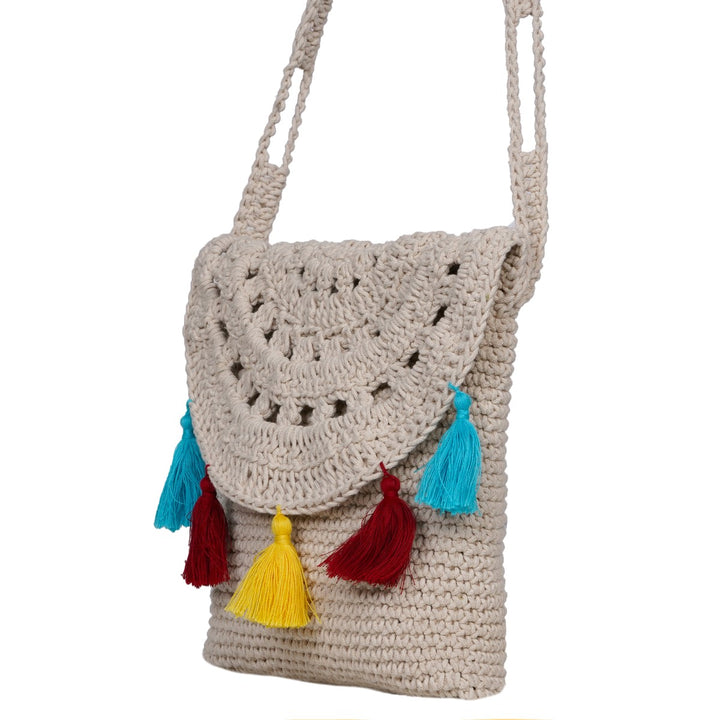 Mini Sling Tasseled Beach Bag | Hand-Crochet | Cotton Yarn | Off-White