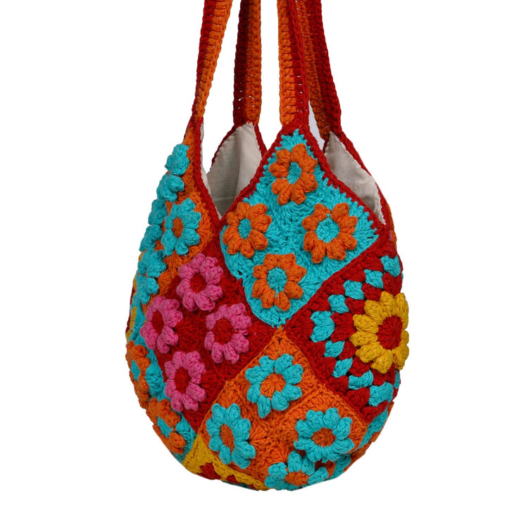 Floral Tote Bag | Hand-Crochet | Cotton Yarn | Crimson Red