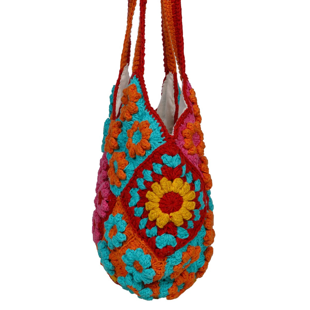 Floral Tote Bag | Hand-Crochet | Cotton Yarn | Crimson Red