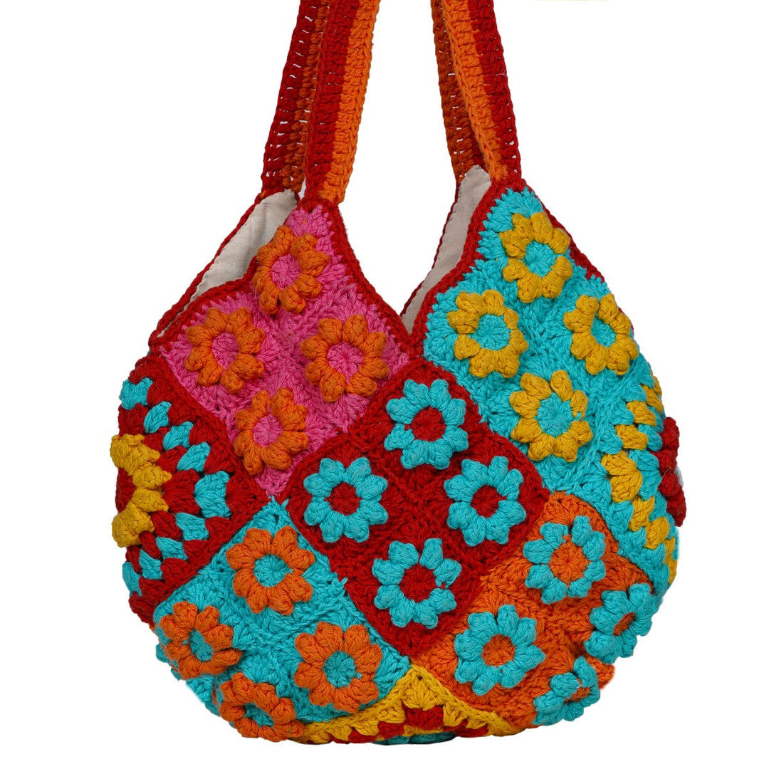 Floral Tote Bag | Hand-Crochet | Cotton Yarn | Crimson Red