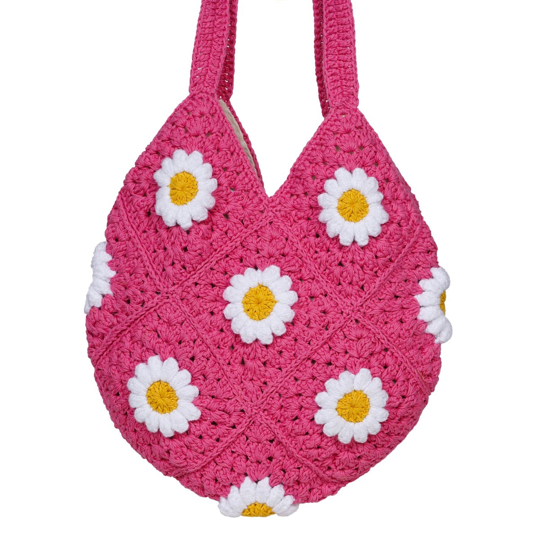 Daisy Floral Hand-Crafted Tote Bag | Hand-Crochet | Cotton Yarn | Rose Pink