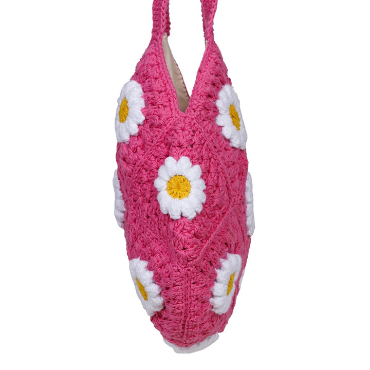 Daisy Floral Hand-Crafted Tote Bag | Hand-Crochet | Cotton Yarn | Rose Pink