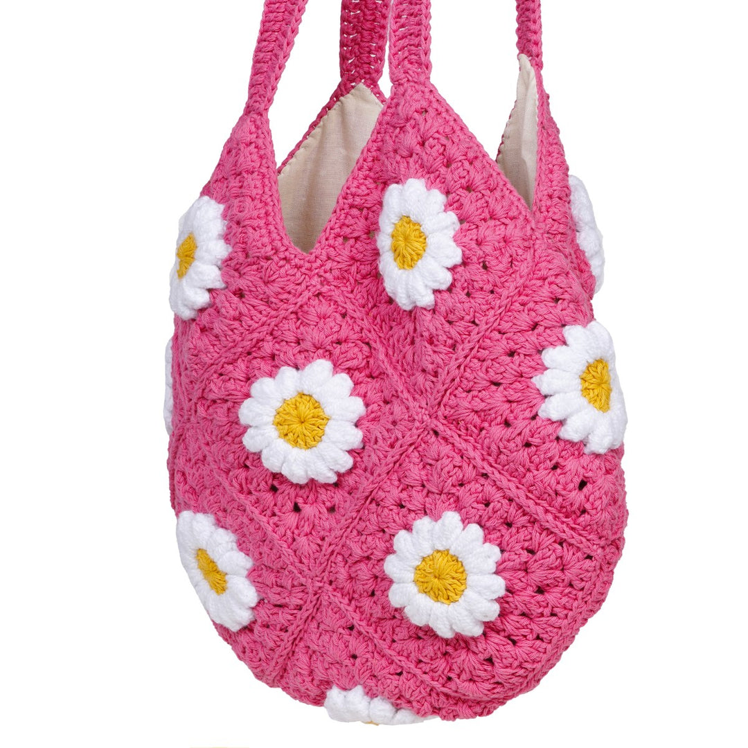 Daisy Floral Hand-Crafted Tote Bag | Hand-Crochet | Cotton Yarn | Rose Pink