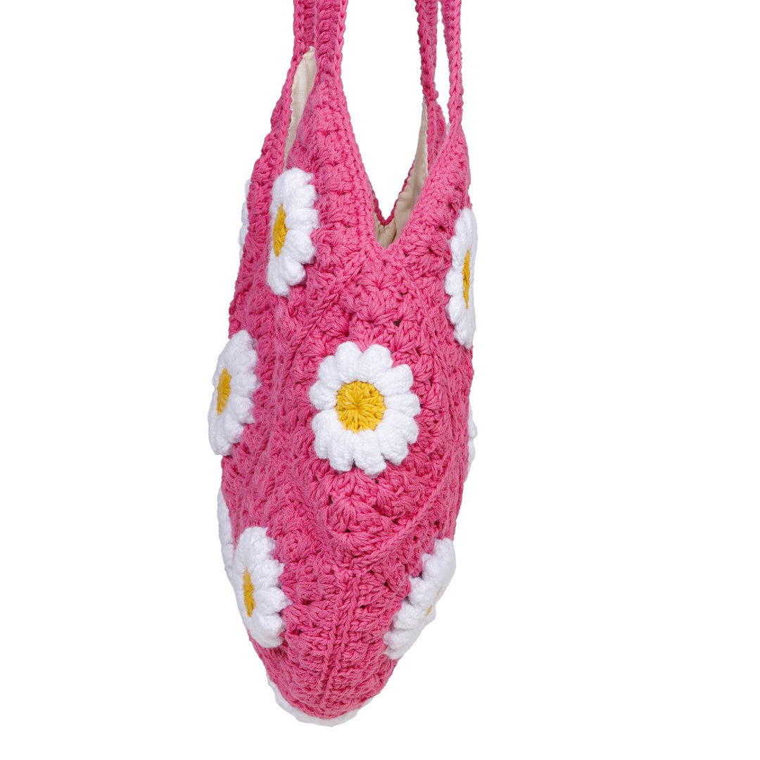 Daisy Floral Hand-Crafted Tote Bag | Hand-Crochet | Cotton Yarn | Rose Pink