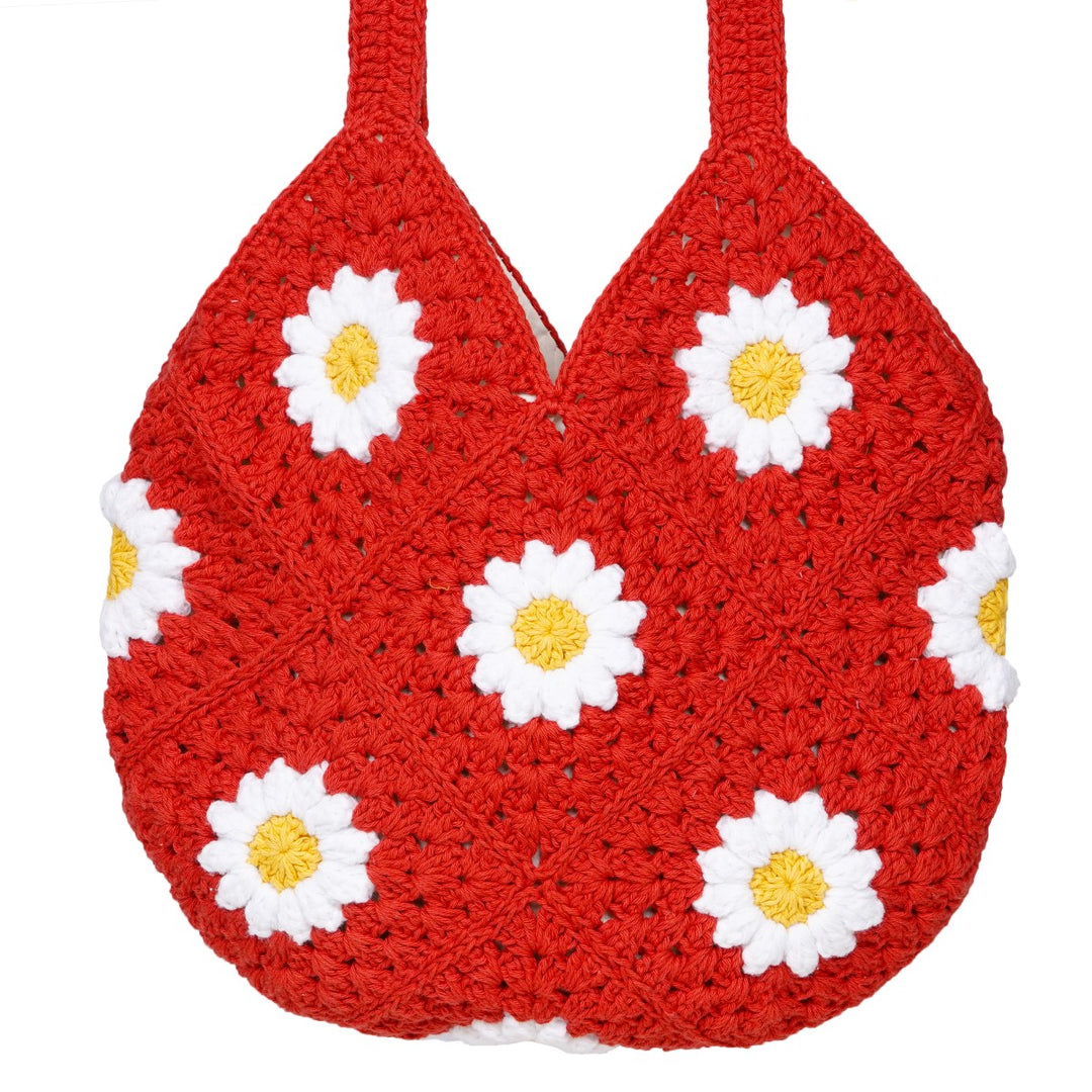 Hand-Crafted Daisy Tote Bag | Hand-Crochet | Cotton Yarn | Sustainable | Red