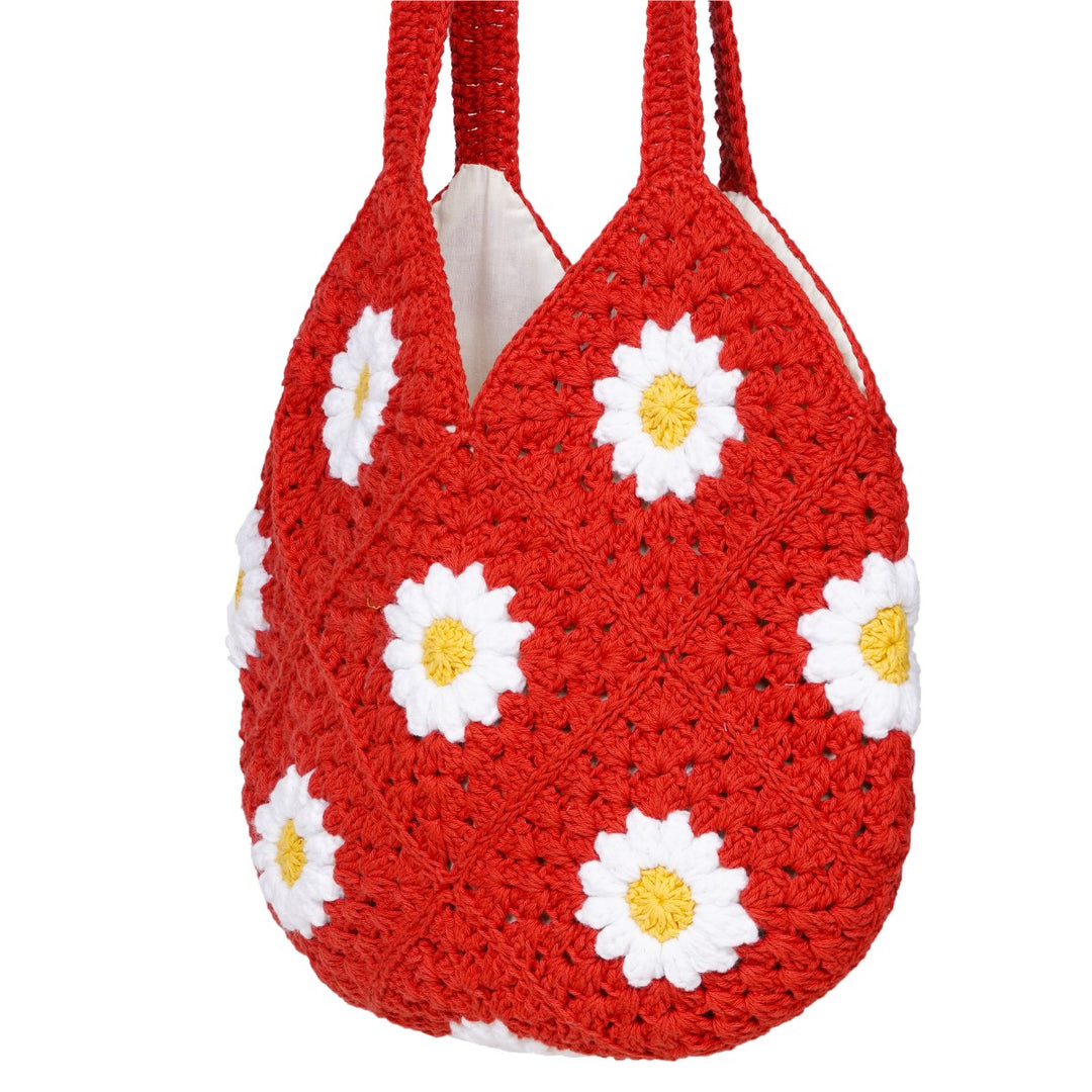 Hand-Crafted Daisy Tote Bag | Hand-Crochet | Cotton Yarn | Sustainable | Red