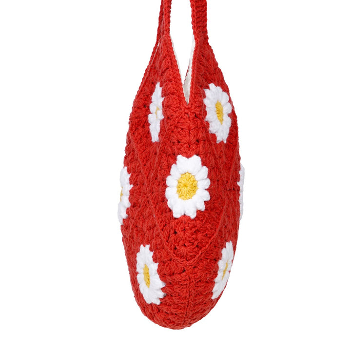 Hand-Crafted Daisy Tote Bag | Hand-Crochet | Cotton Yarn | Sustainable | Red