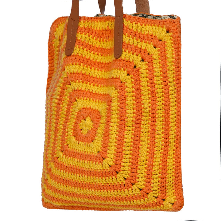 Hand-Crafted Geometric Tote Bag | Hand-Crochet | Cotton Yarn | Dusty Orange