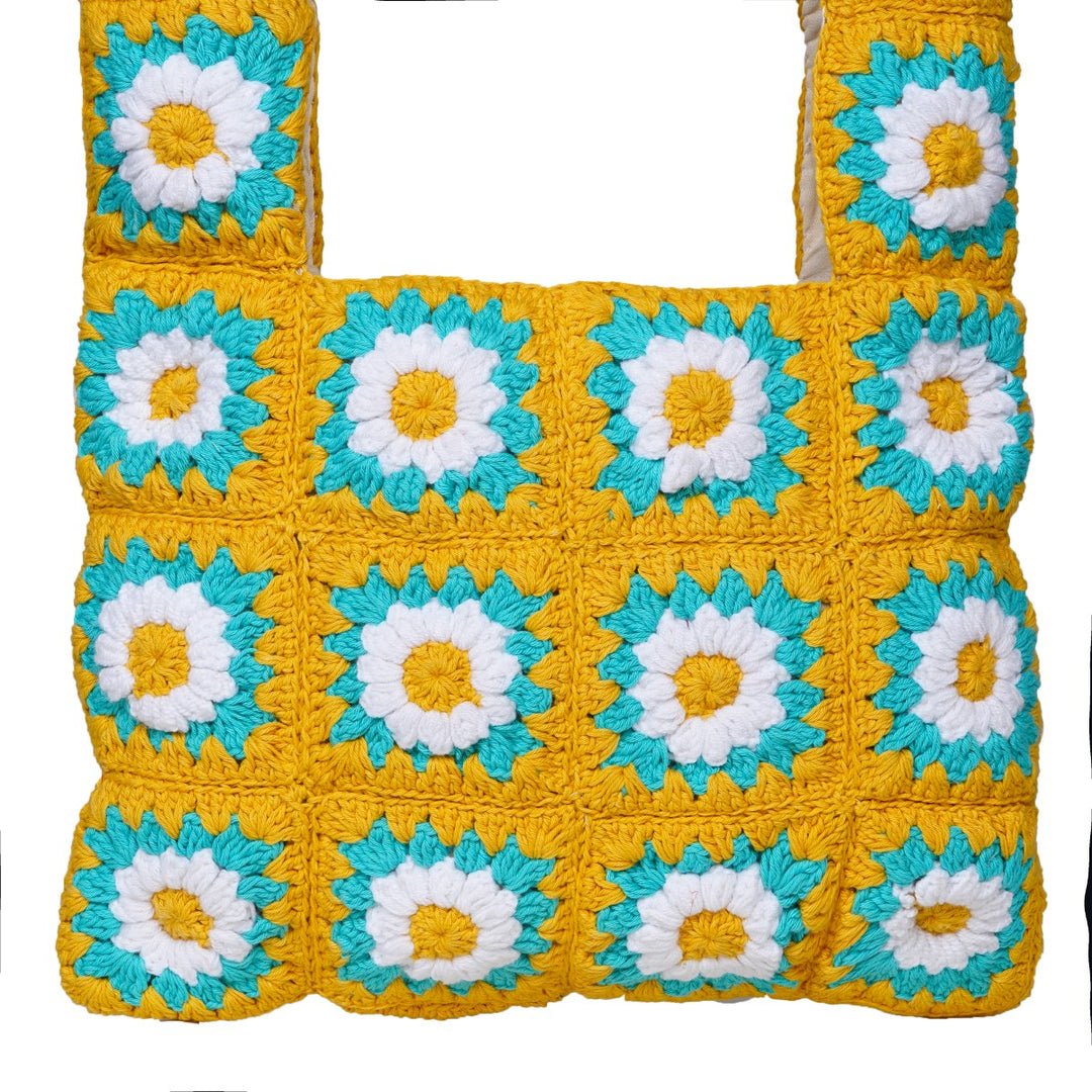 Square Floral Shoppers Tote Bag  | Hand-Crochet | Cotton Yarn | Tuscany Yellow