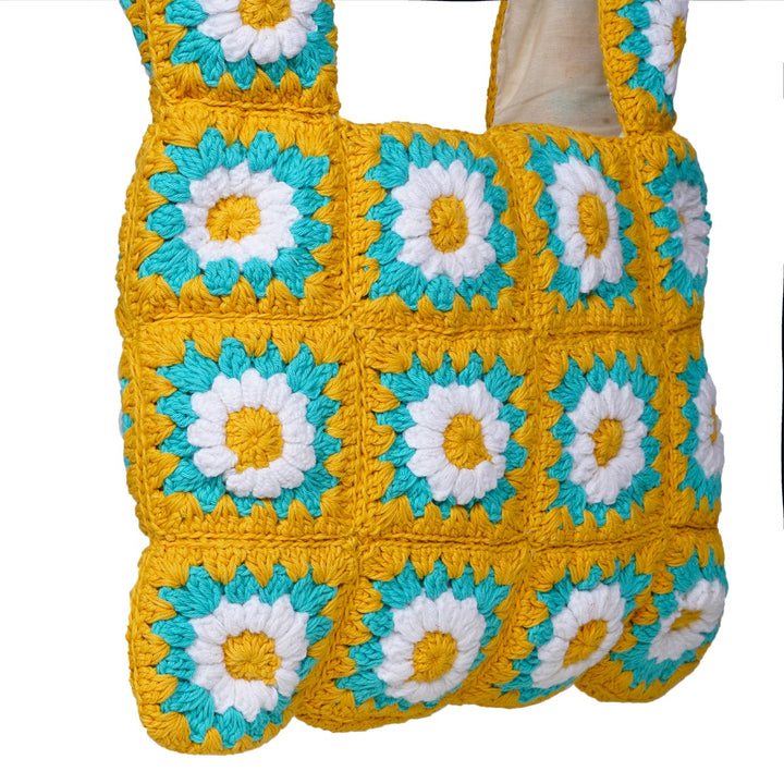 Square Floral Shoppers Tote Bag  | Hand-Crochet | Cotton Yarn | Tuscany Yellow