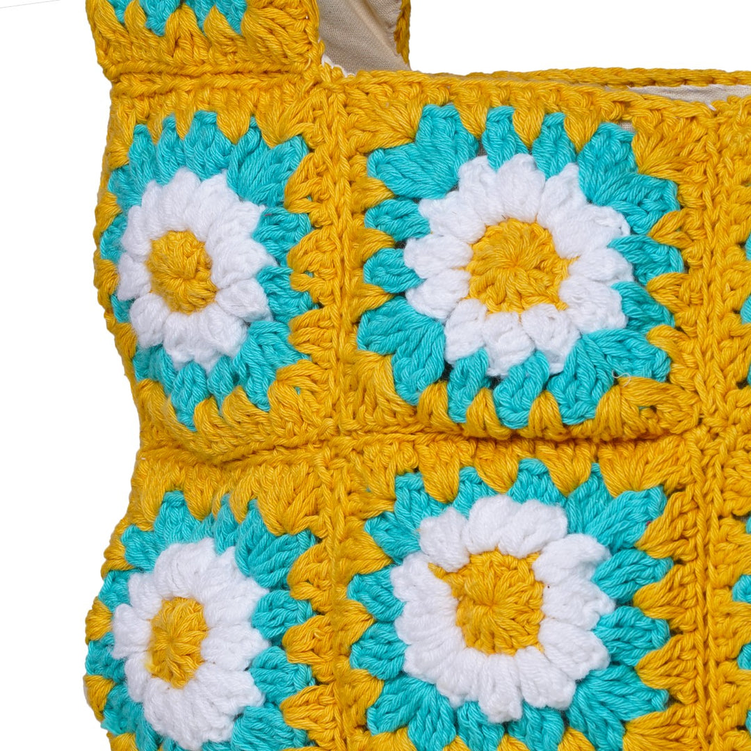 Square Floral Shoppers Tote Bag  | Hand-Crochet | Cotton Yarn | Tuscany Yellow