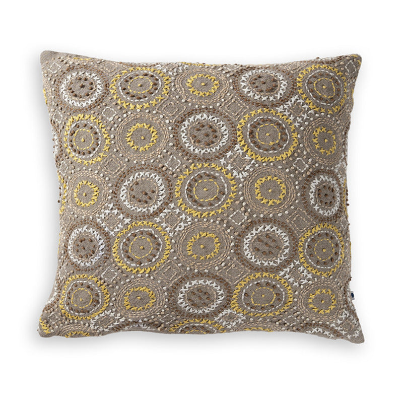 Wreath Linen Cushion Cover In Kantha Embroidery | Hand-Crafted | 16" x 16"