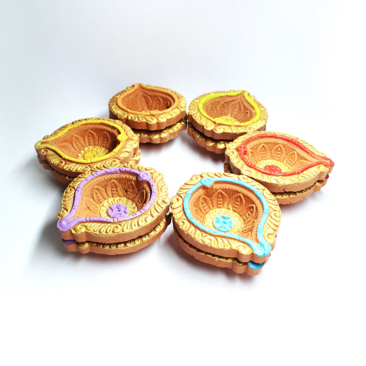 Multi-coloured Golden Ring Motiff Diya | Diwali Special | Pack Of 12