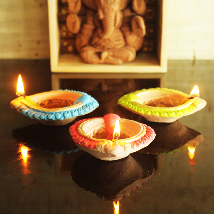 Terracotta Multi-Colour Motiff Diwali Diya | Hand-Crafted | Pack Of 12