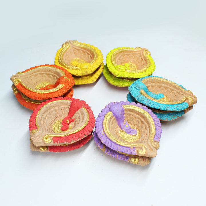 Terracotta Multi-Colour Motiff Diwali Diya | Hand-Crafted | Pack Of 12